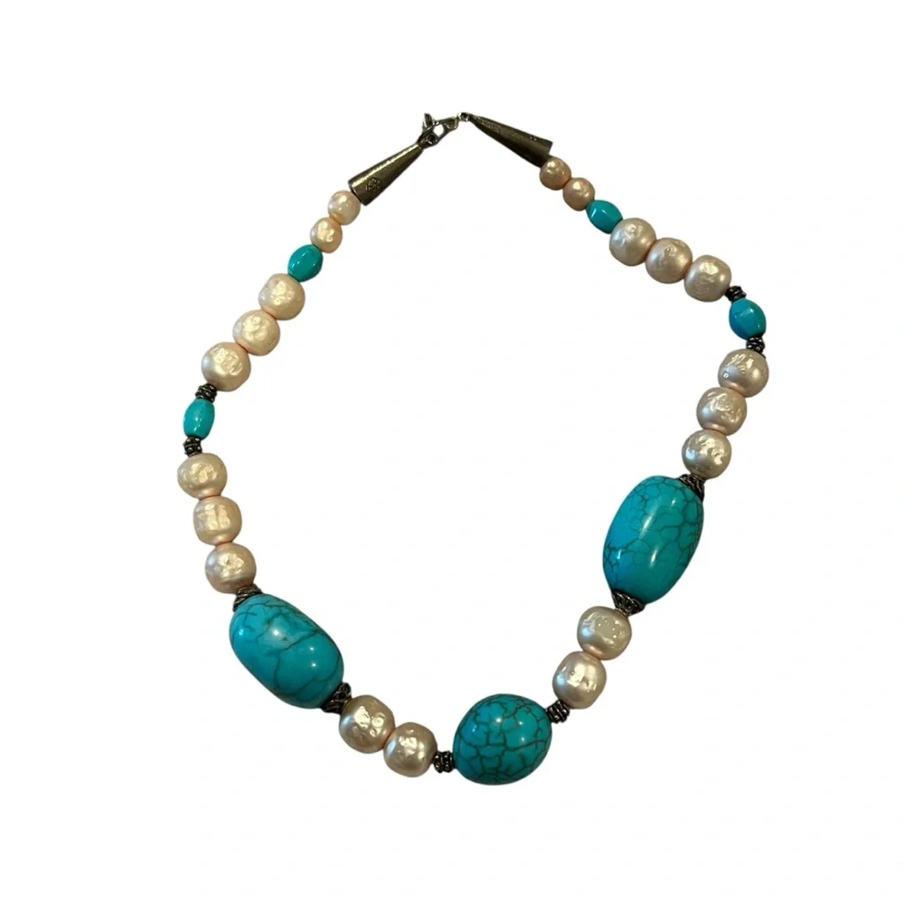 Turquoise Howlite Robin’s Egg Beads And Pearl Choker Necklace‎ Western Bling